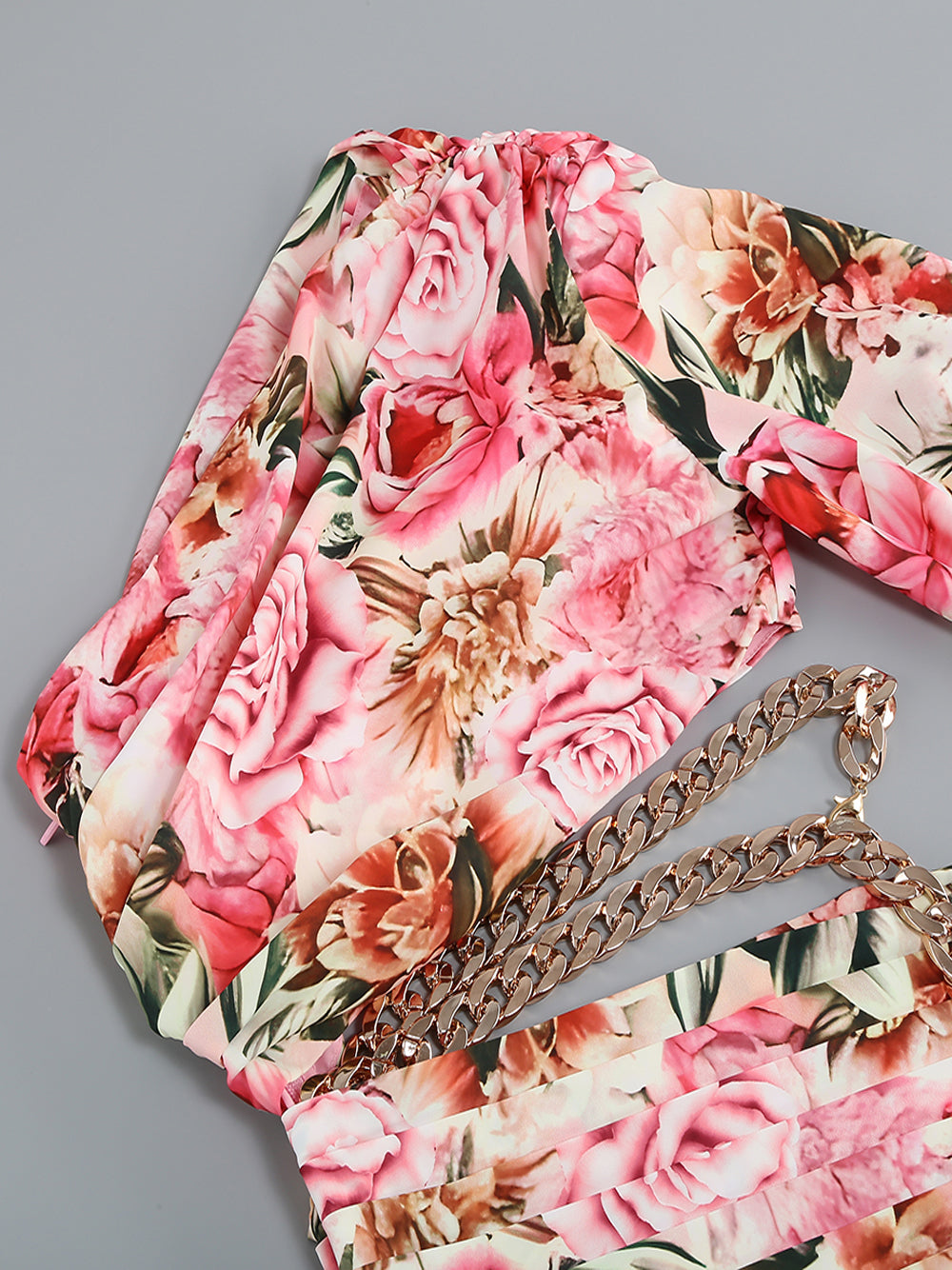 Pink One Shoulder Floral Print Crop Top High Slit Skirt Set 12