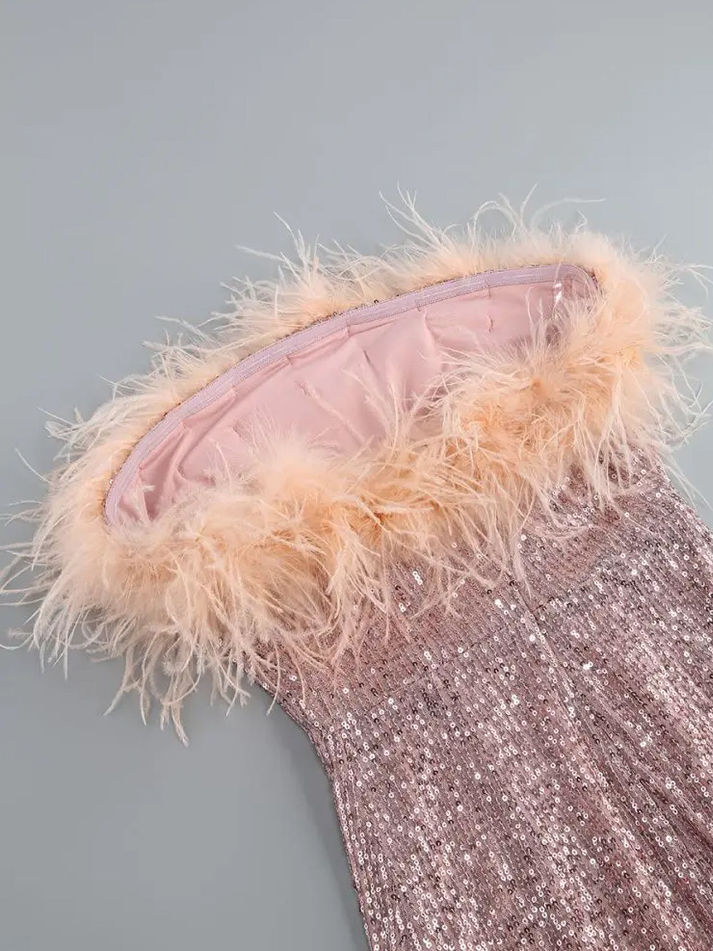 Pink Strapless Feather Trim Sequin Bodycon Mini Dress