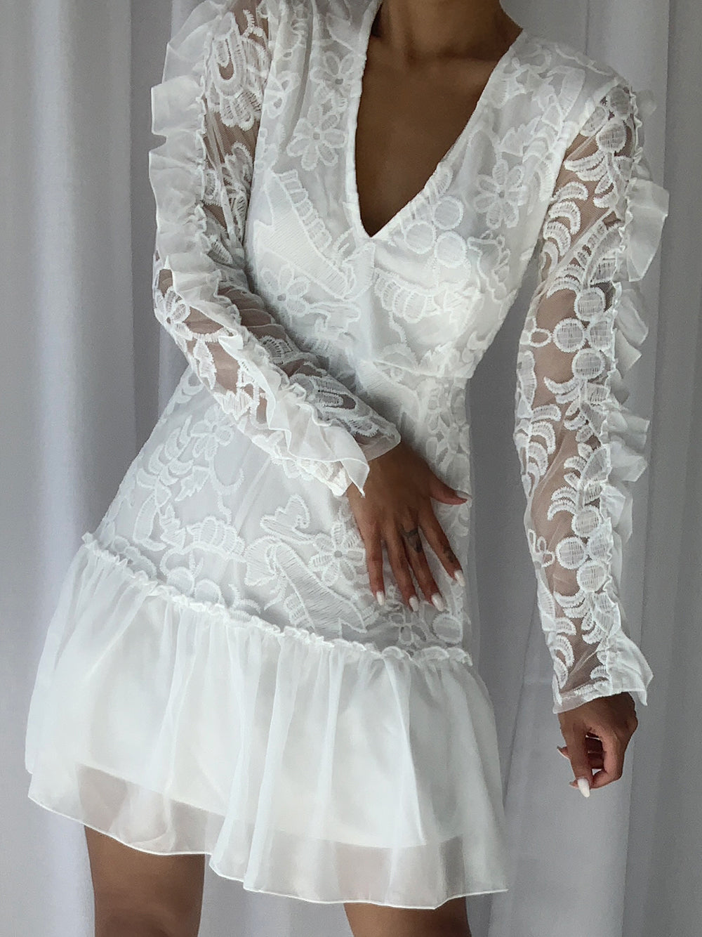 White V-Neck Floral Lace Long Sleeve Ruffle Hem Mini Dress