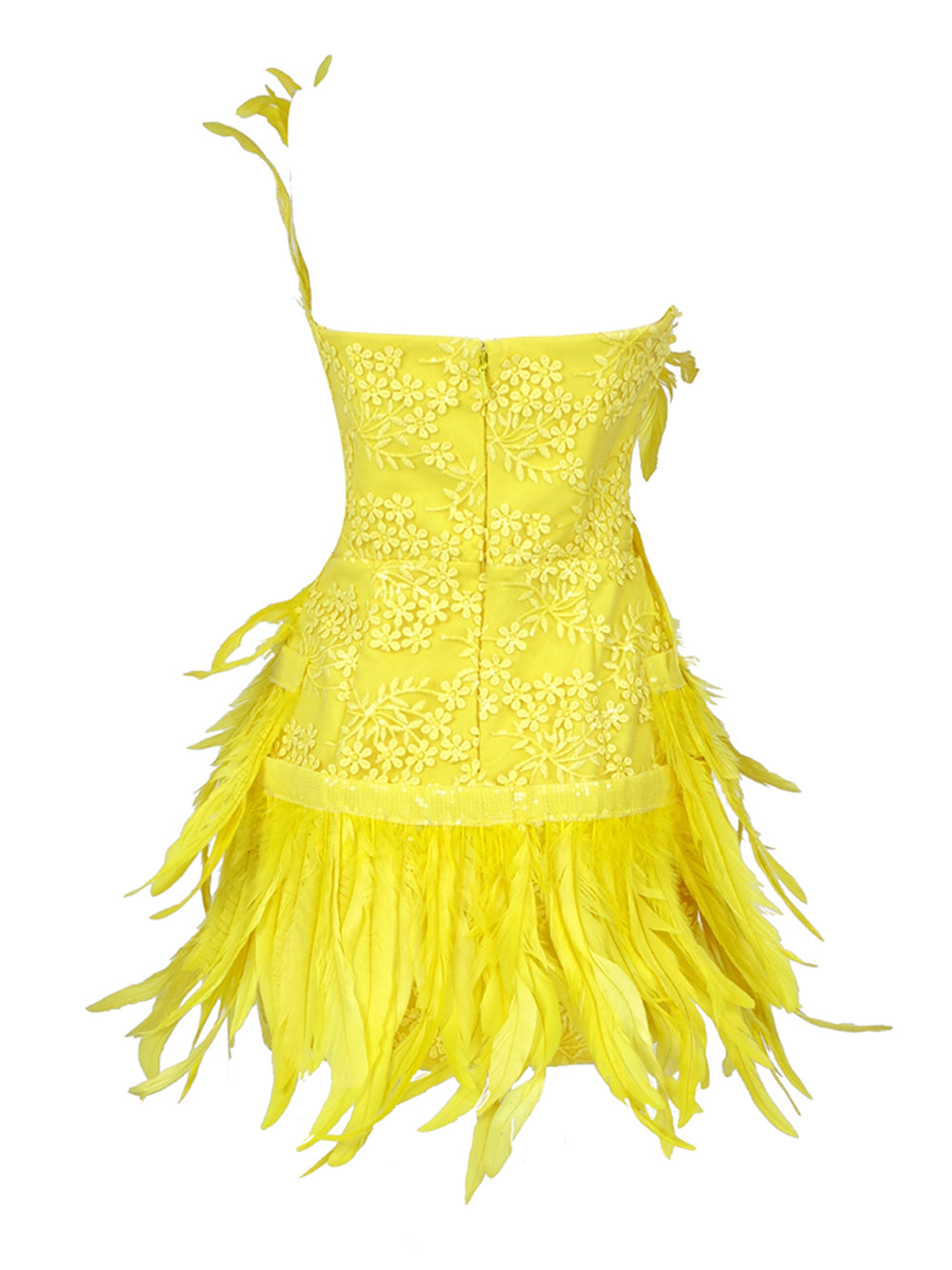 Yellow V-Neck Rhinestone Feather Embellished Bodycon Mini Dress