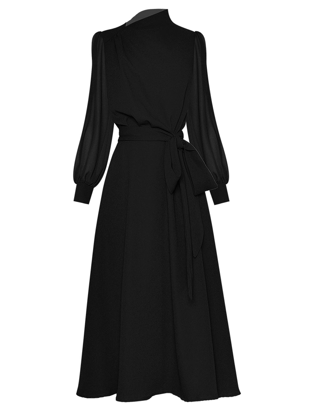 Black High Neck Long Sleeve Belted Wrap A-Line Midi Dress