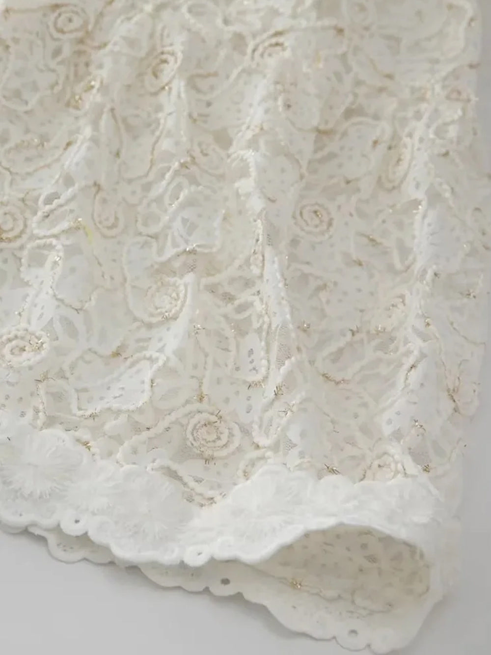 White V-Neck Long Sleeve Floral Lace A-Line Midi Dress
