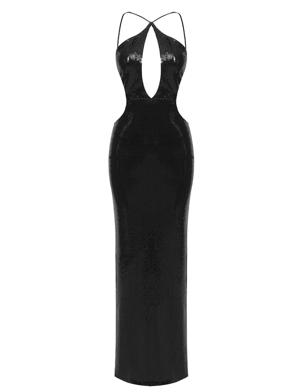 Black Halter Strap Sequin Keyhole Cutout Bodycon Maxi Dress