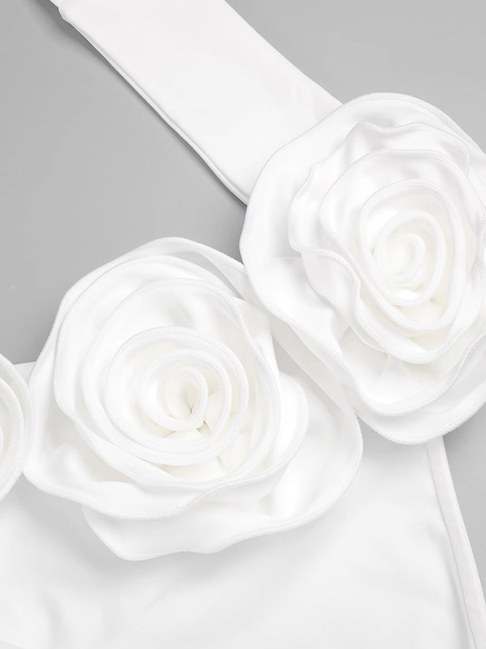 White Halter Neck Rosette Applique Ruched Bodycon Maxi Gown 6