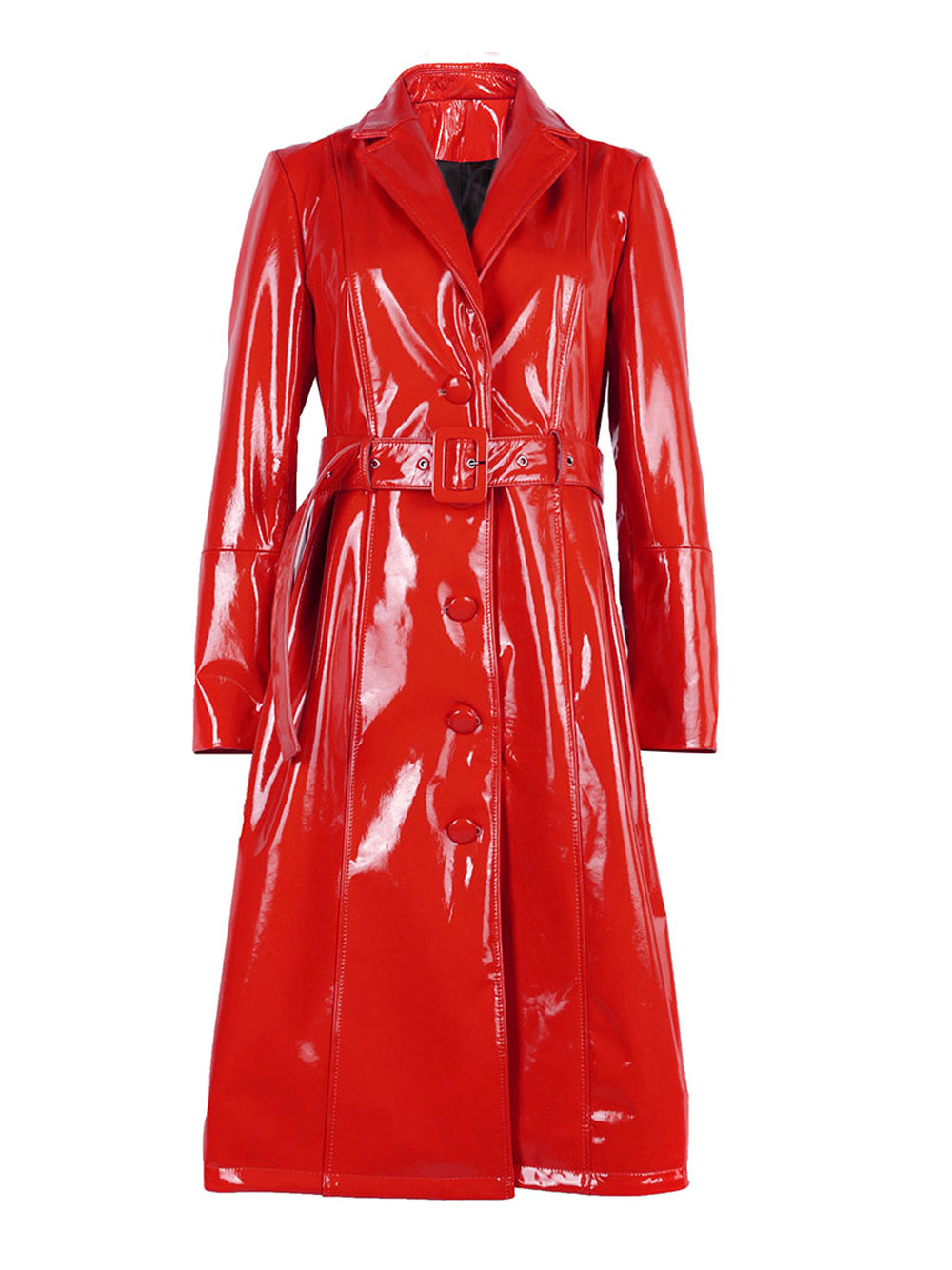 Lapel Collar Patent Leather Belted Button Front Trench Coat