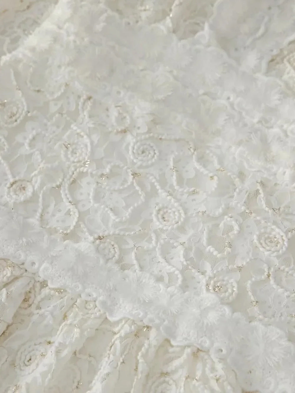 White V-Neck Long Sleeve Floral Lace A-Line Midi Dress