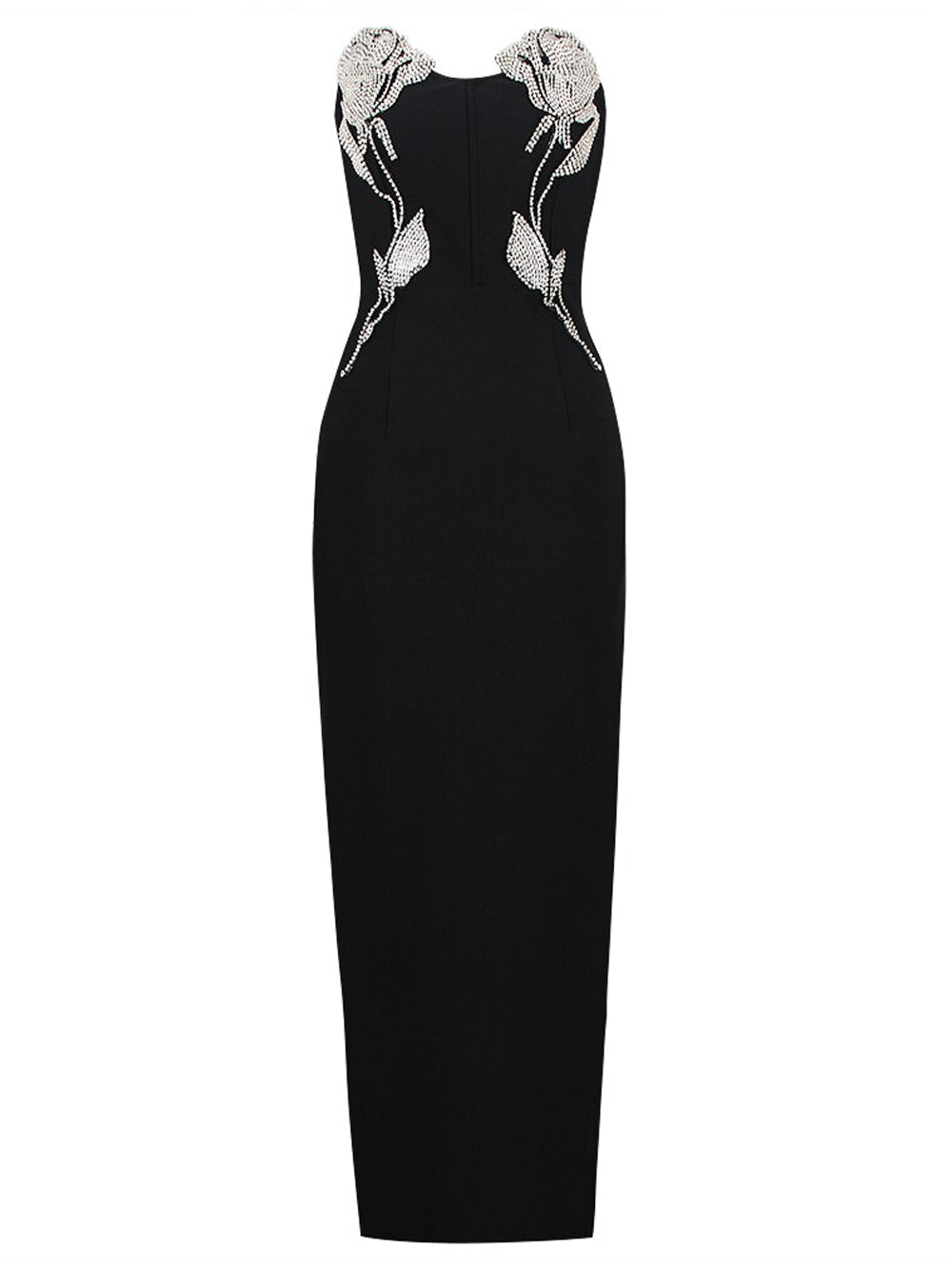 Black Strapless Crystal Rose Applique Bodycon Maxi Gown