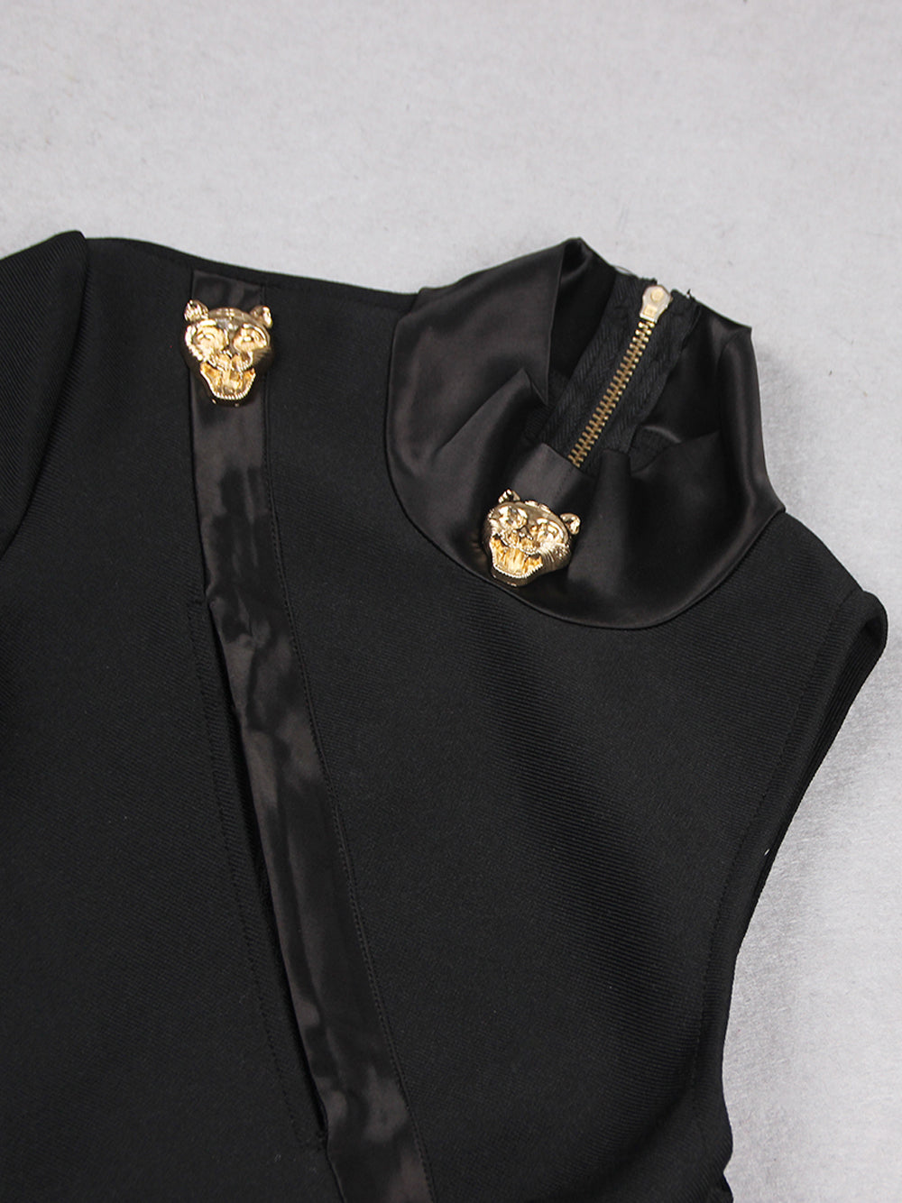 Black High Neck One Shoulder Cutout Gold Button Bodycon Mini Dress