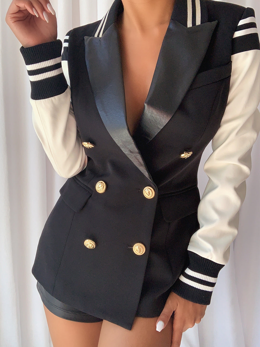 B&w Double-Breasted Gold Button Varsity Sleeve Contrast Blazer