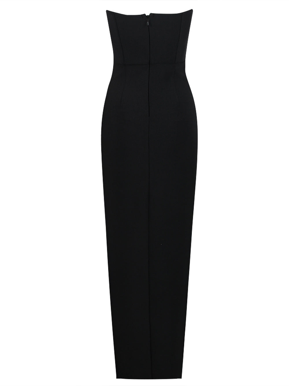 Black Strapless Crystal Rose Applique Bodycon Maxi Gown
