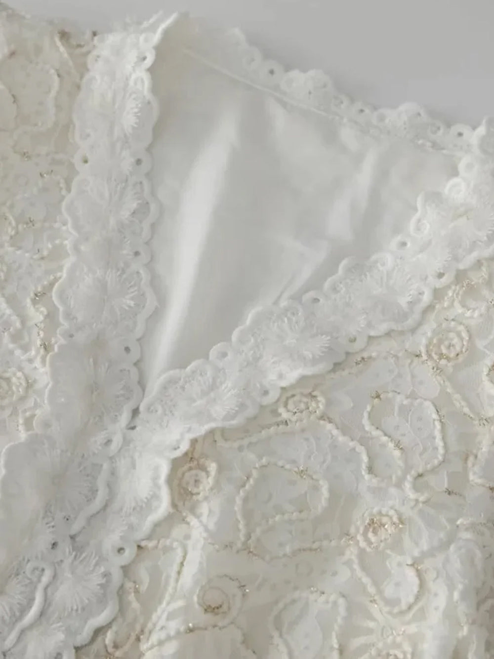 White V-Neck Long Sleeve Floral Lace A-Line Midi Dress