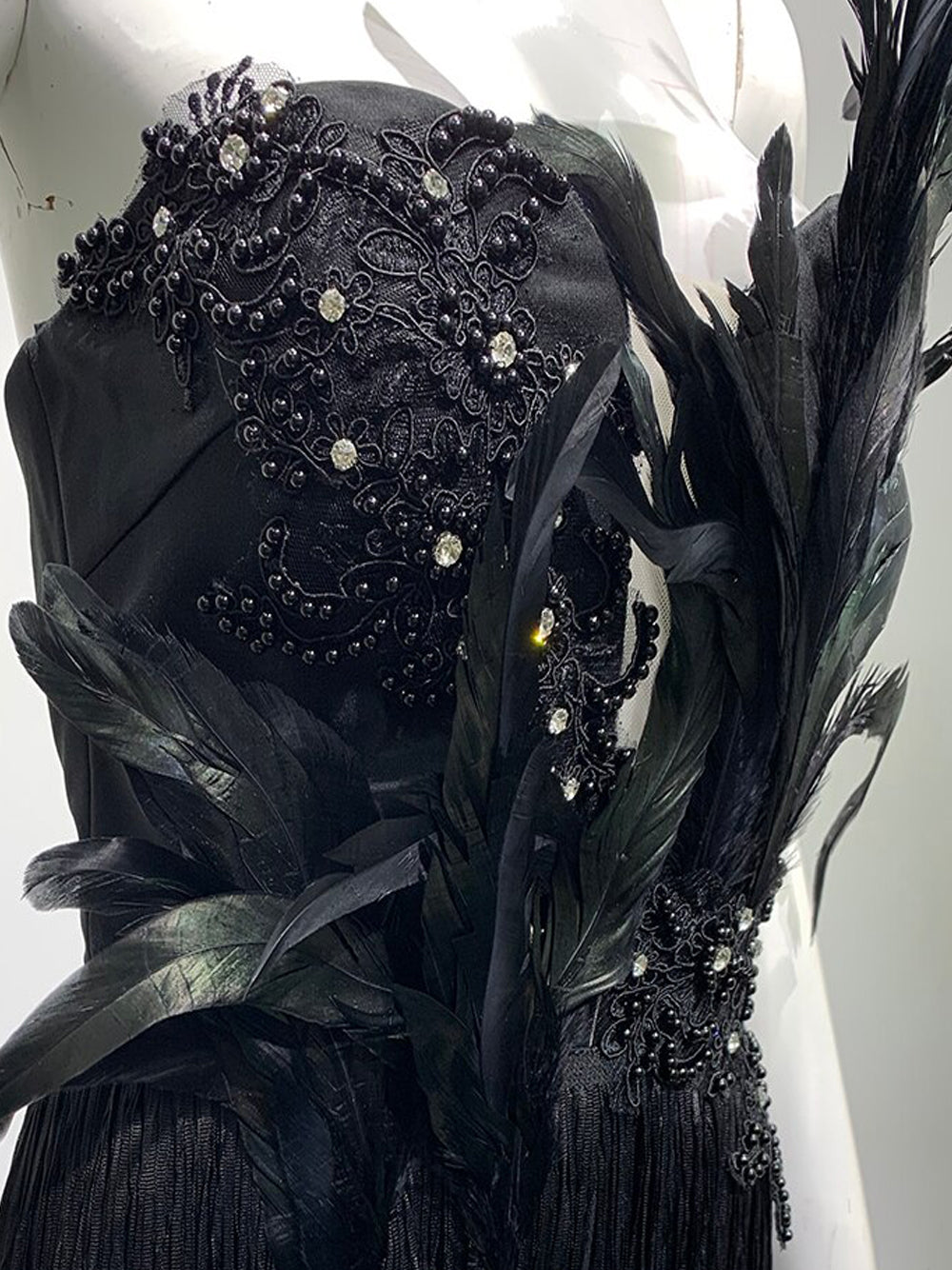 Black Strapless Feather Beaded Applique Fringe Bodycon Mini Dress