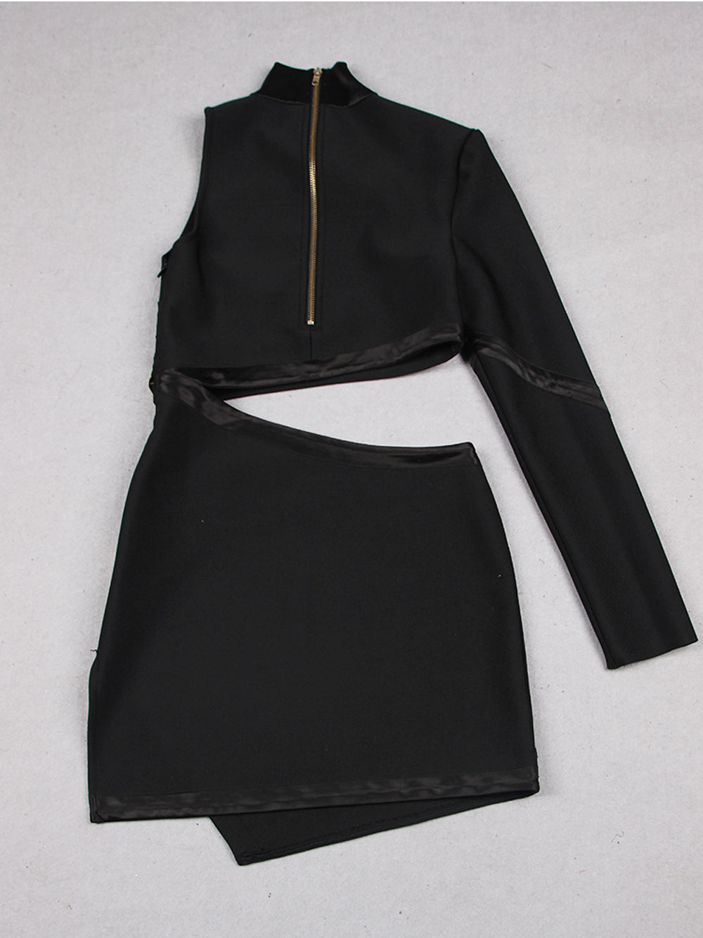 Black High Neck One Shoulder Cutout Gold Button Bodycon Mini Dress
