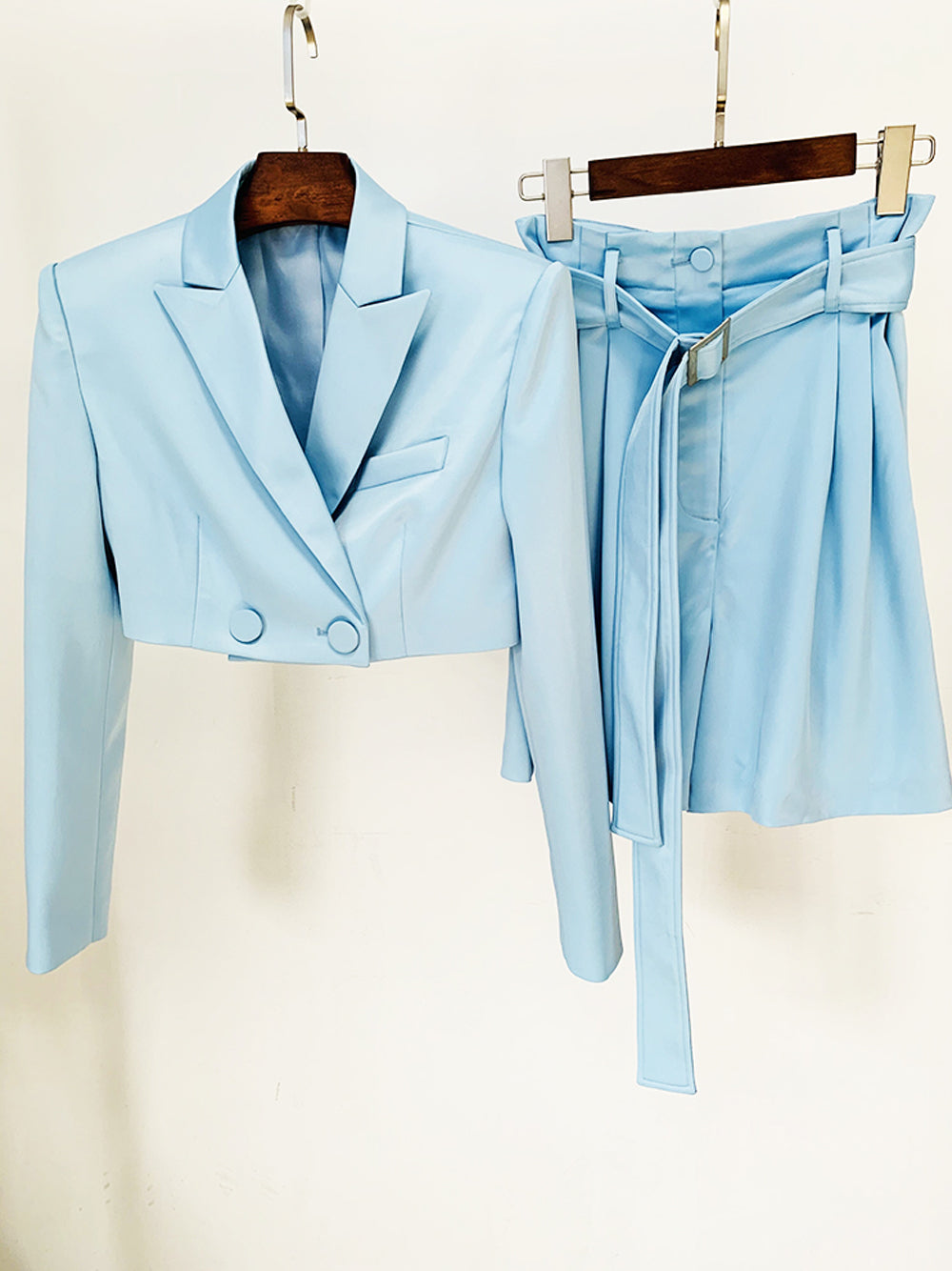 Light Blue Cropped Blazer and Belted Shorts Set