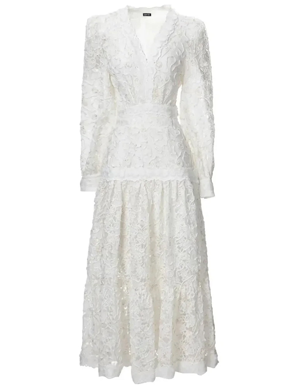 White V-Neck Long Sleeve Floral Lace A-Line Midi Dress