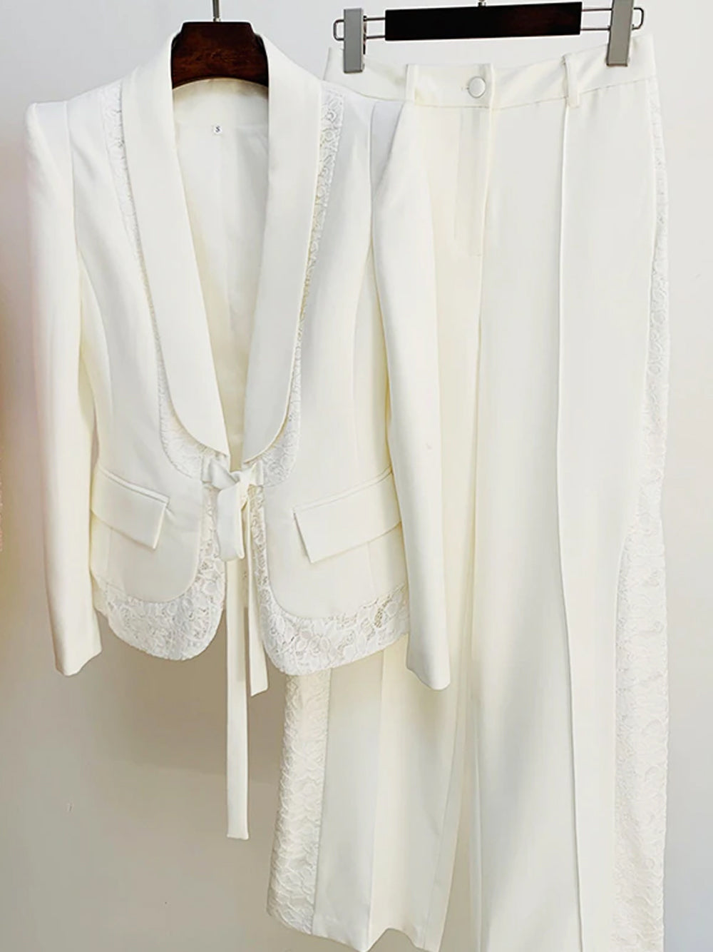White Shawl Lapel Lace Trim Tie Front Blazer Pants Set