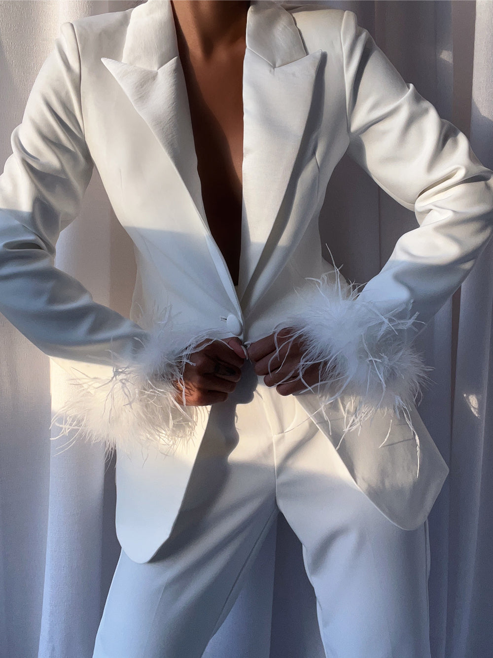 White Feather Trim Peak Lapel Blazer and Pants Set