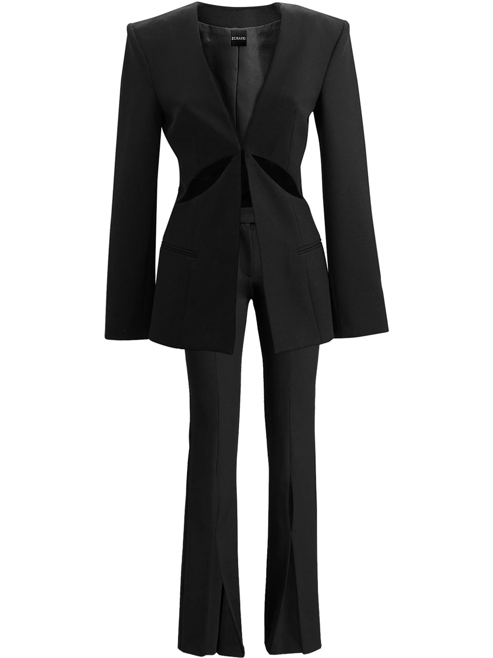 Black Collarless Plunge Cutout Blazer and Split Leg Pants Set
