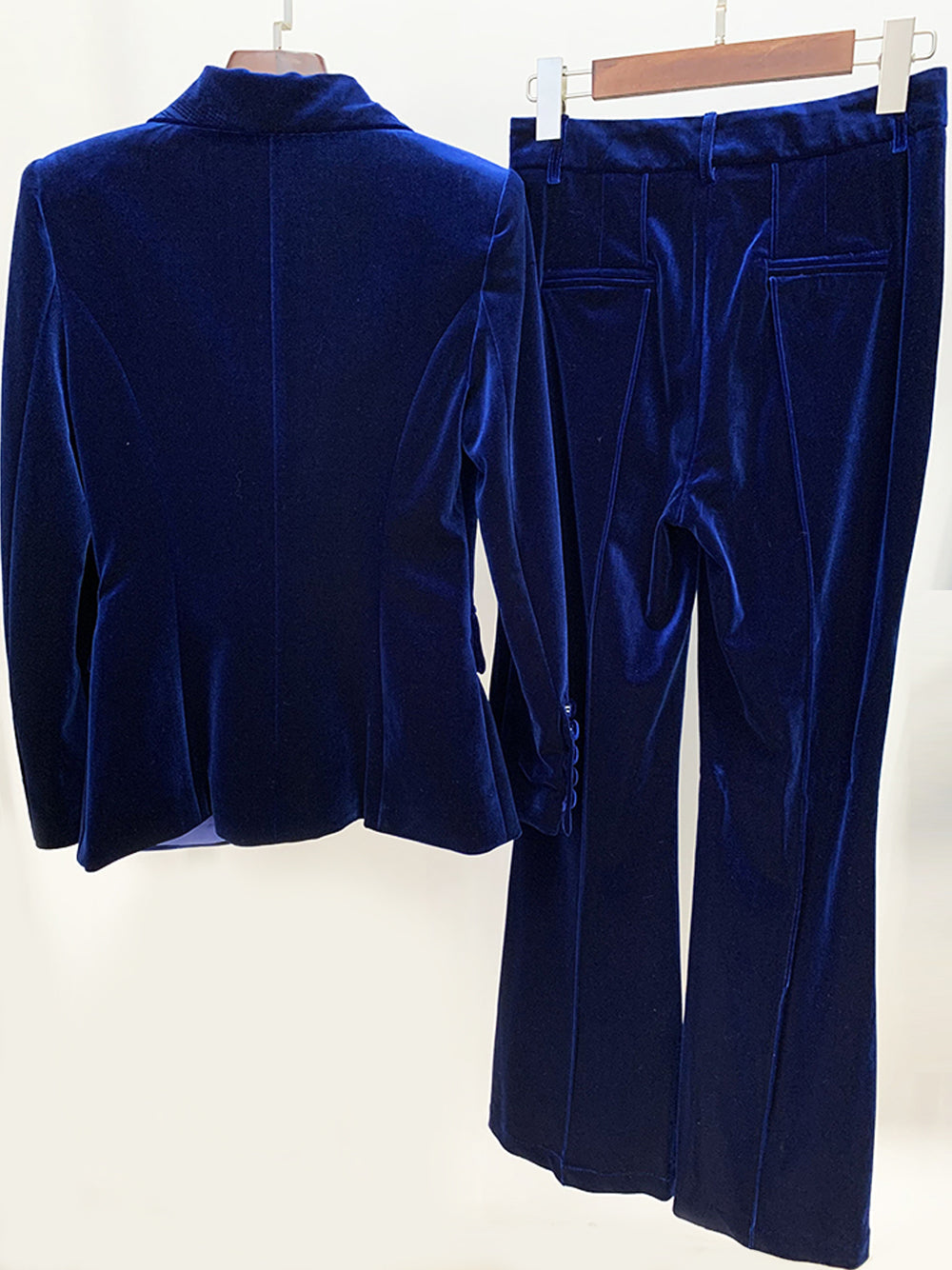 Navy Blue Peak Lapel Plunge Velvet Blazer And Flared Pants Set