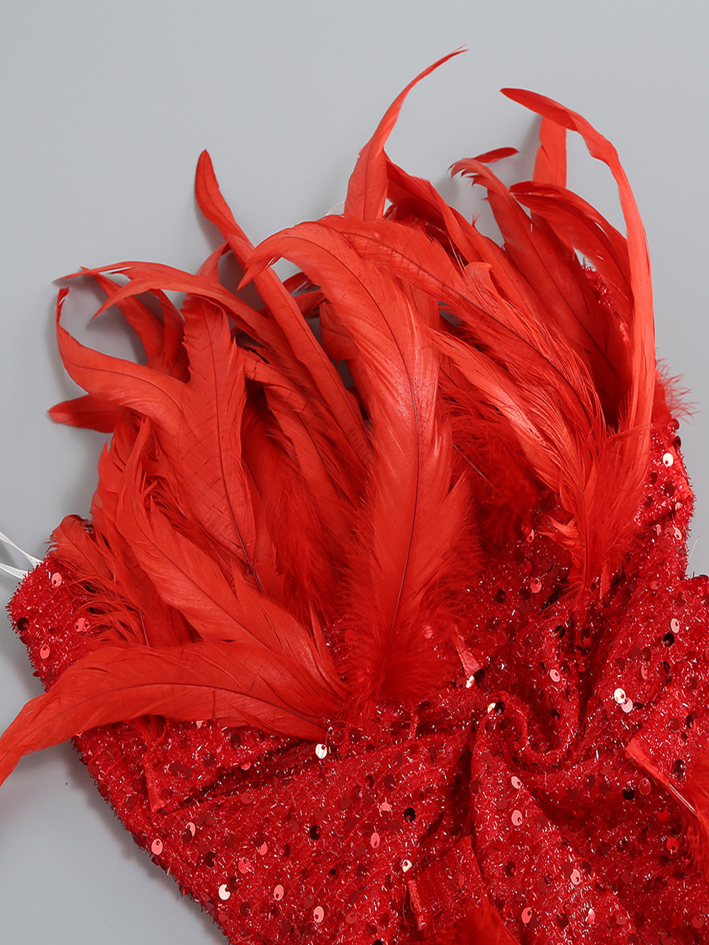 Red Strapless Sequin Feather Trim Bodycon Mini Dress