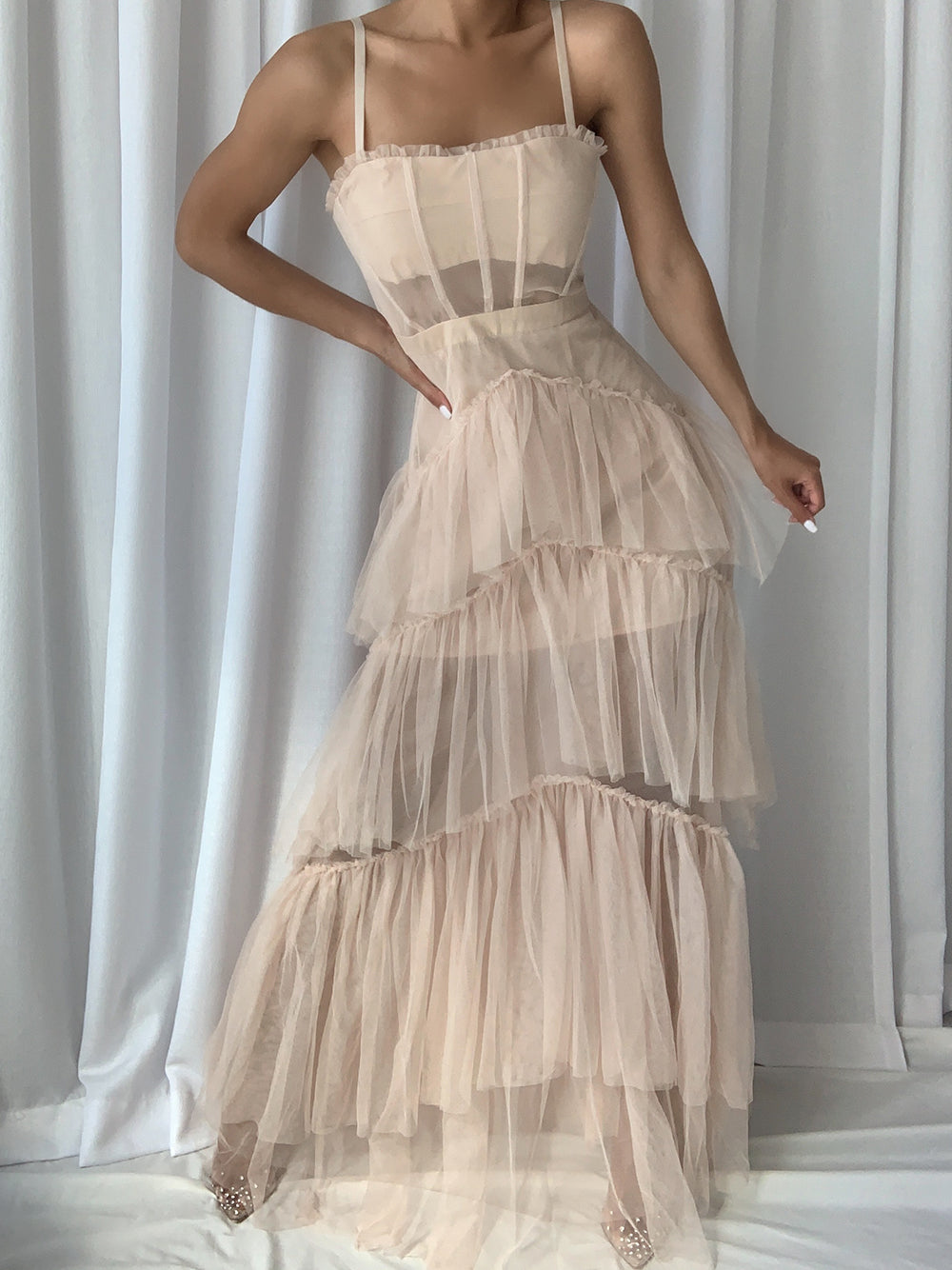 Beige Strap Corset Bustier Tiered Ruffle Tulle Maxi Gown 5