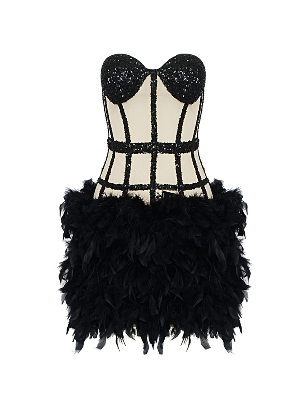 Black Strapless Sweetheart Sequin Corset Feather Hem Bodycon Mini Dress