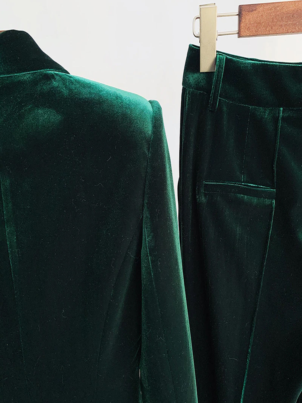 Green Peak Lapel Plunge Velvet Blazer And Flared Pants Set