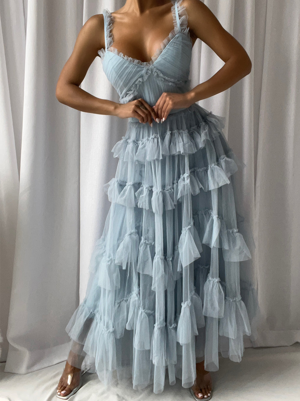 Light Blue Ruffle Strap Sweetheart Layered Tiered Tulle A-Line Maxi Dress