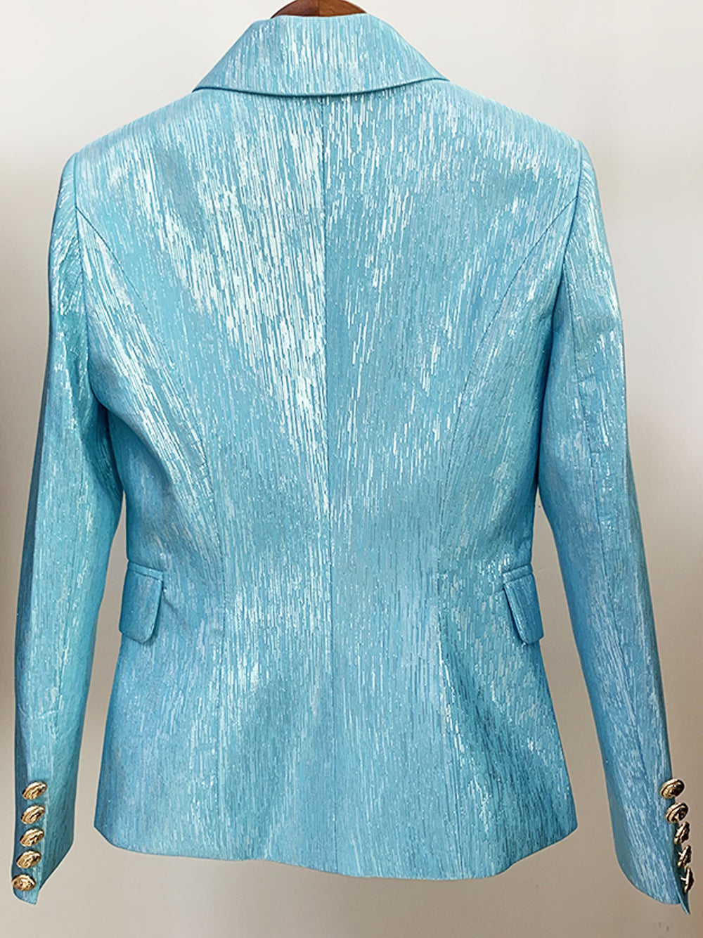 Turquoise Peak Lapel Double Breasted Gold Button Shimmer Blazer