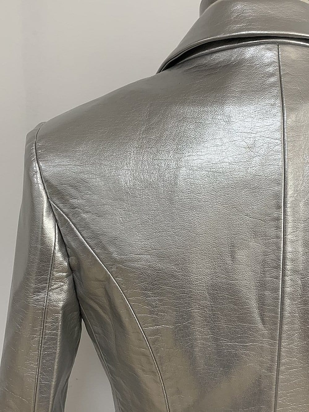 Silver Notched Lapel Double-Breasted Gold Button Metallic Leather Blazer 10