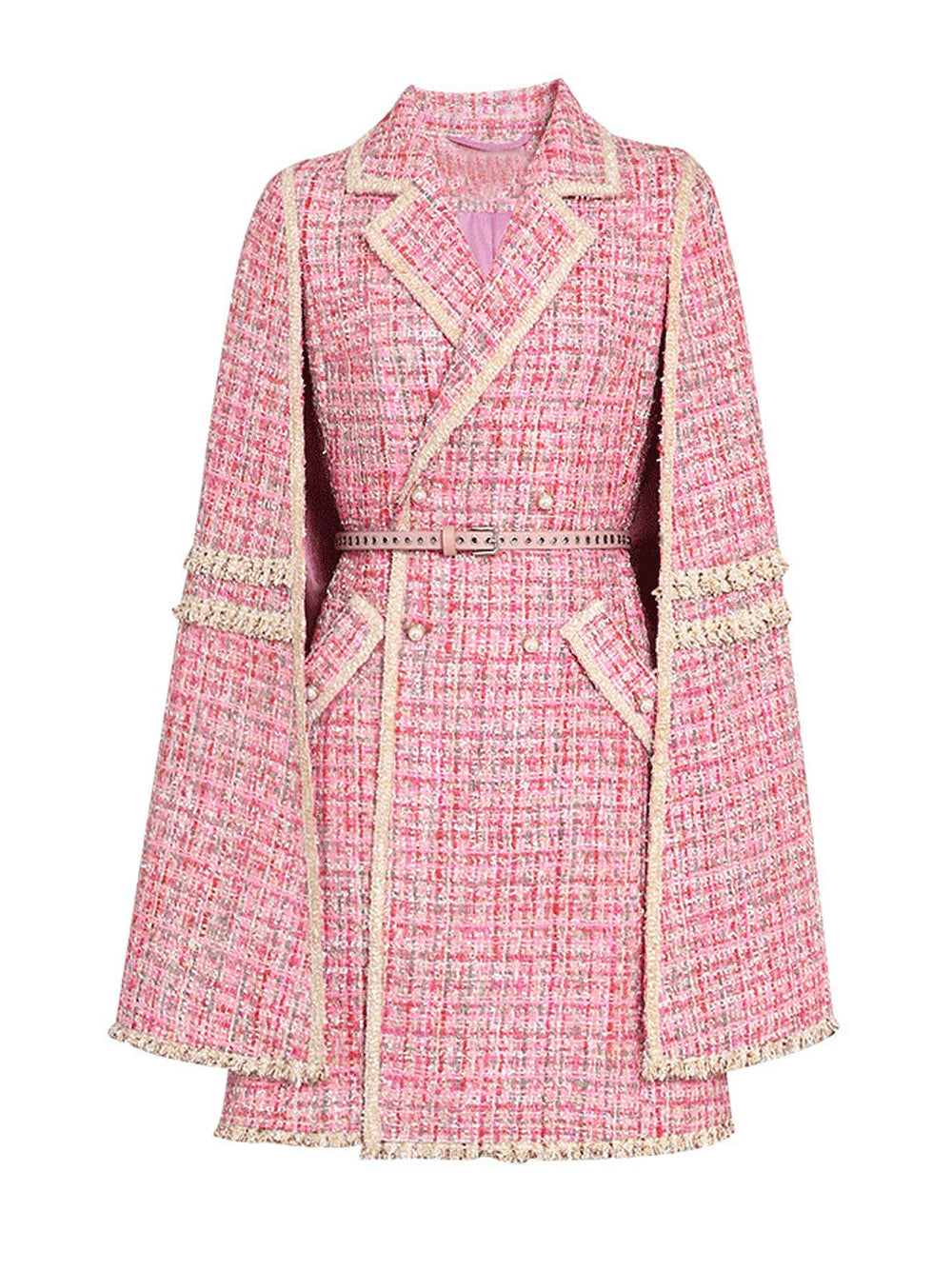 Pink Notch Lapel Fringe Trim Belted Tweed Cape Coat