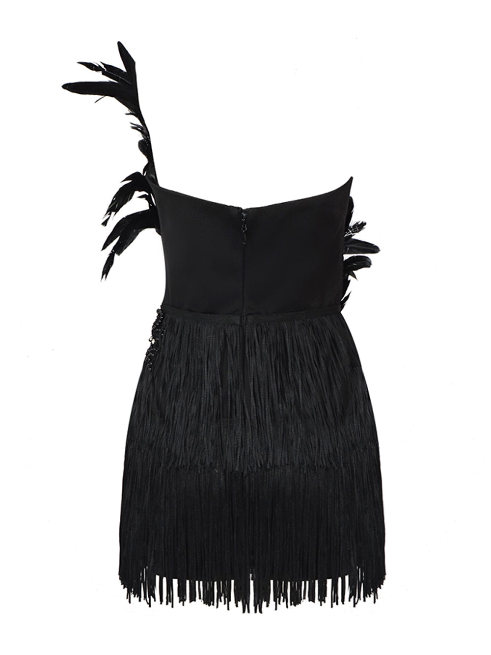 Black Strapless Feather Beaded Applique Fringe Bodycon Mini Dress