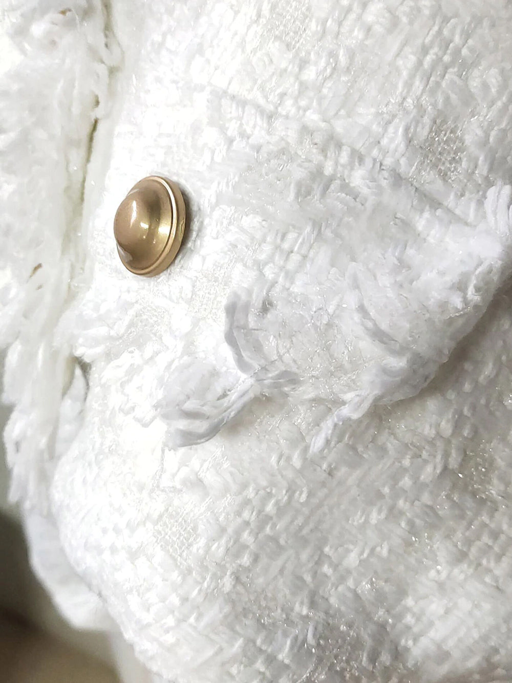 White Fringe Trim Gold Button Tweed Jacket Shorts Set