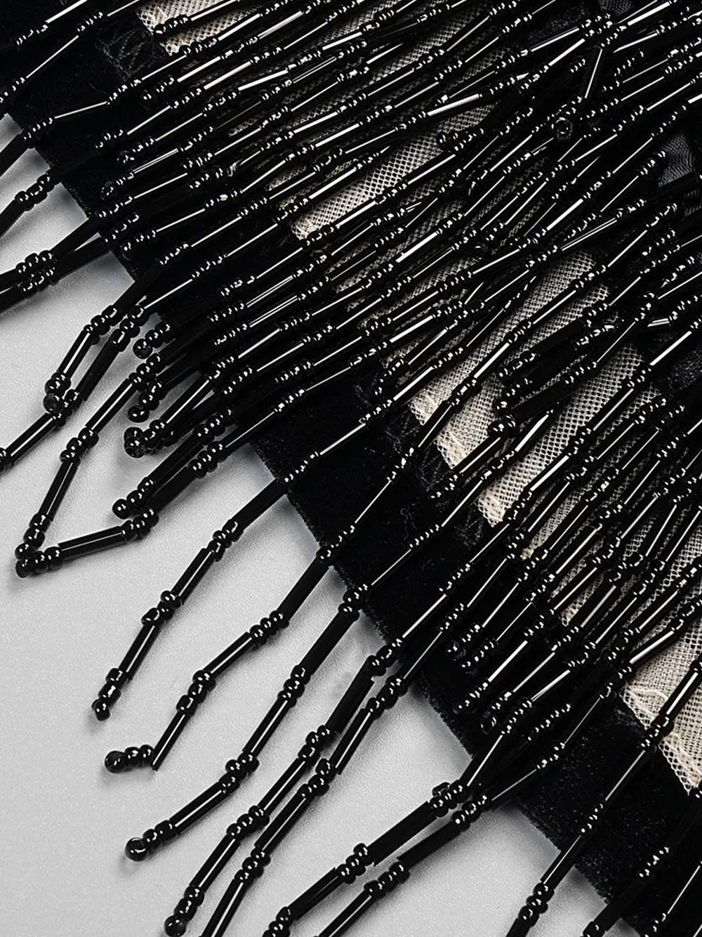 Black Mock Neck Long Sleeve Velvet Cutout Beaded Fringe Bodycon Mini Dress 4
