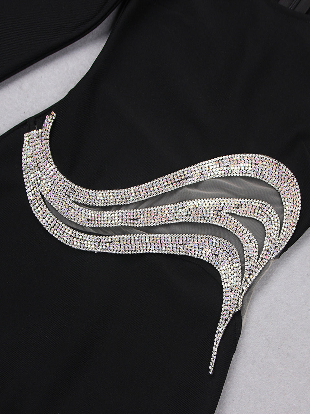 Black One Shoulder Rhinestone Mesh Cutout Long Sleeve Bodycon Mini Dress