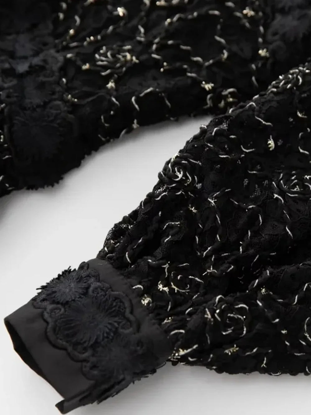 Black V-Neck Long Sleeve Floral Lace A-Line Midi Dress 4