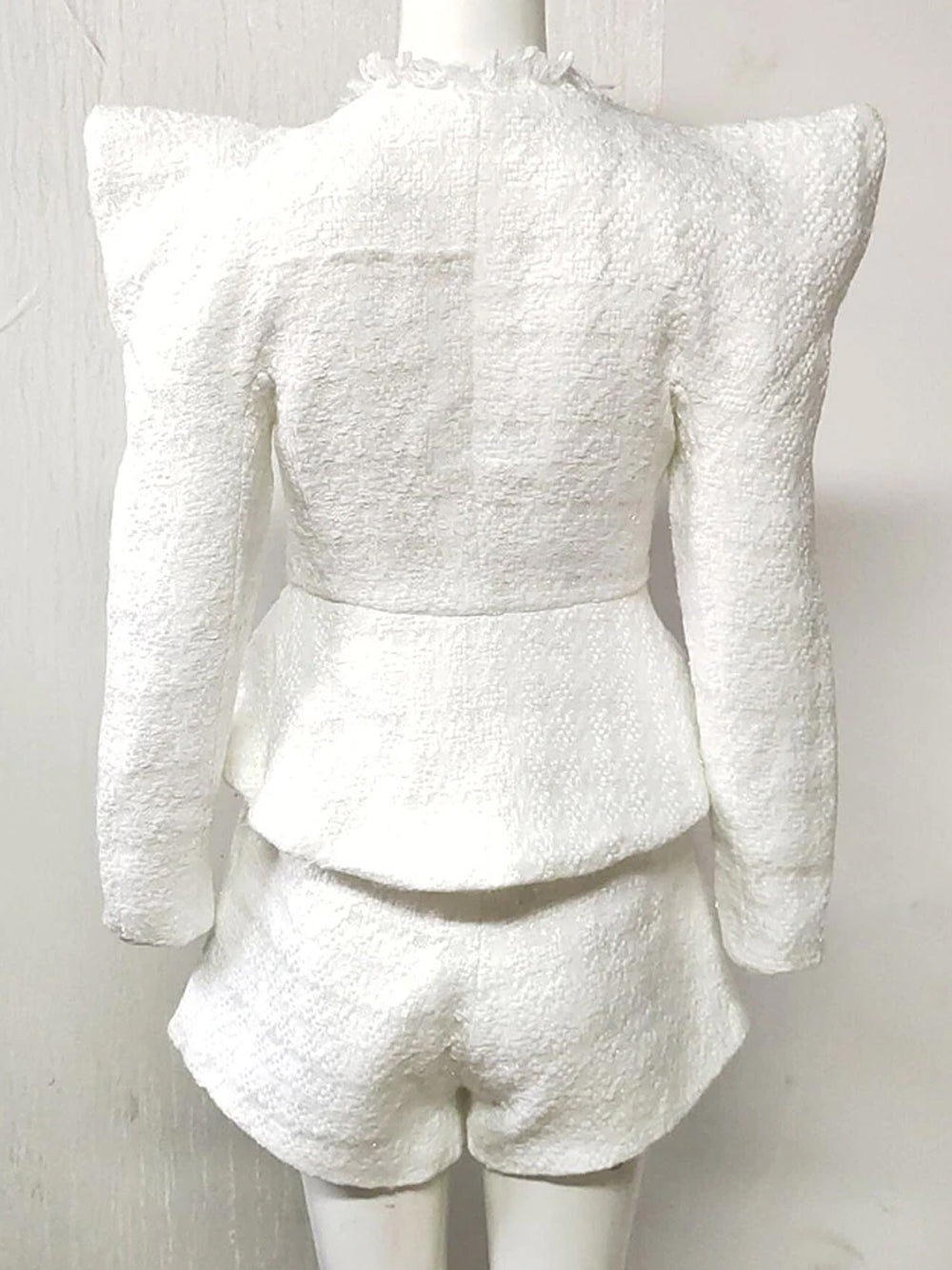 White Fringe Trim Gold Button Tweed Jacket Shorts Set