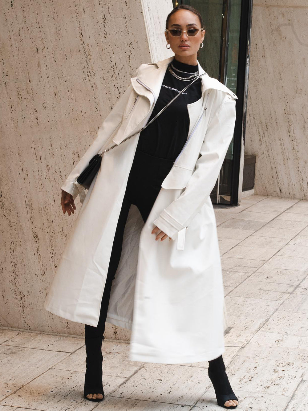 White Lapel Collar Zip Front Buckle Cuff Faux Leather Trench Coat