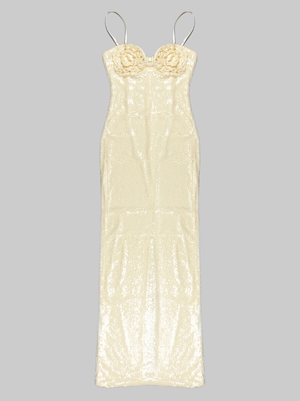 Beige Spaghetti Strap Rosette Cup Sequin Bodycon Maxi Gown 5
