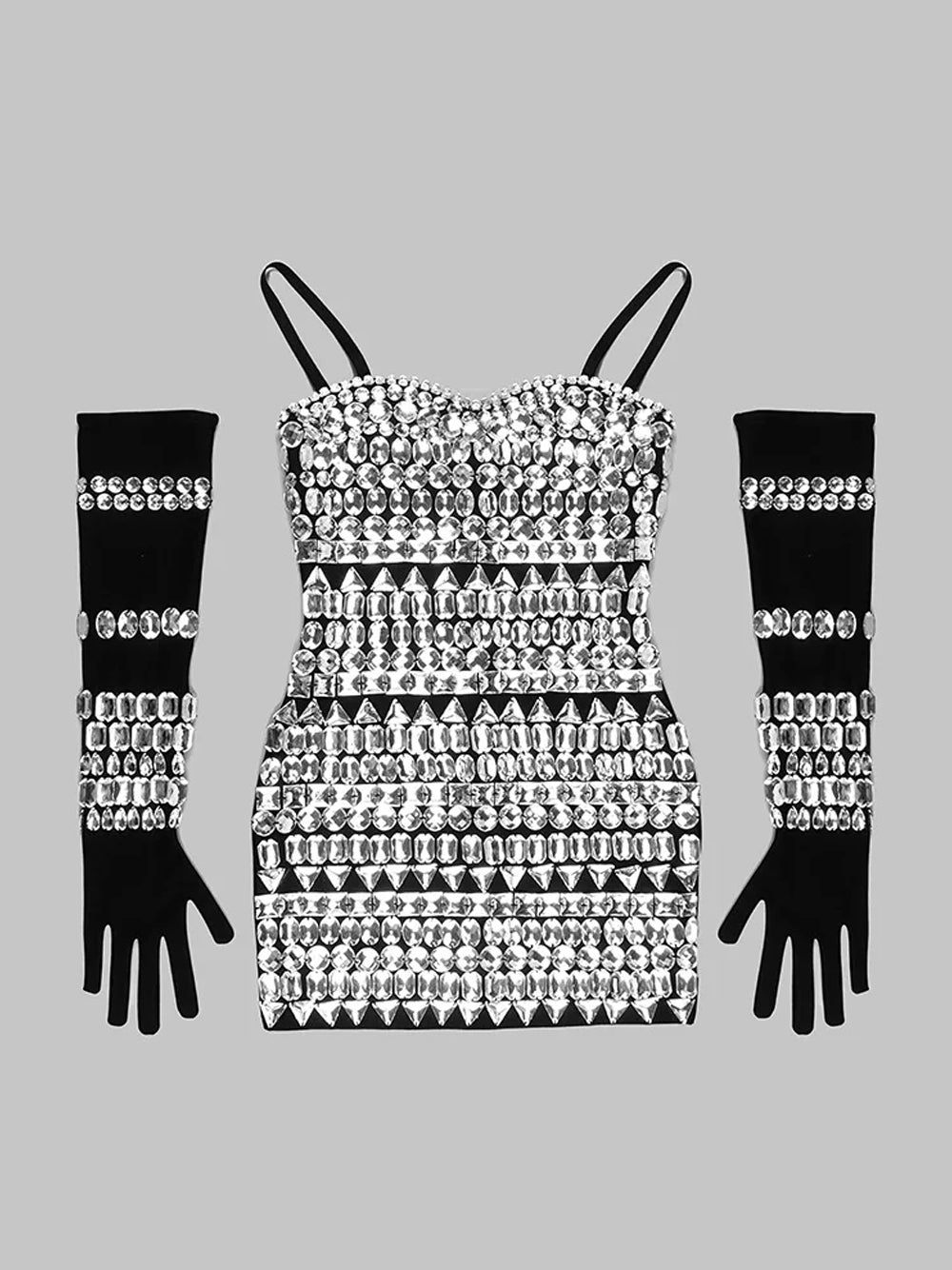 Black Spaghetti Strap Crystal Embellished Bodycon Mini Dress