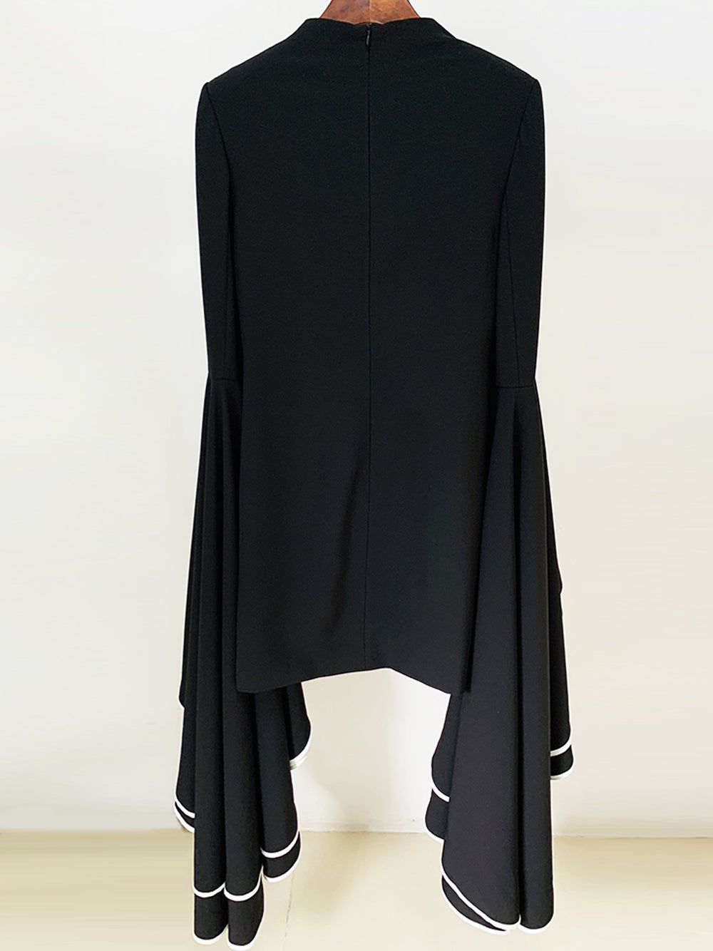 Black Mock Neck Contrast Trim Ruffle Bell Sleeve Shift Mini Dress 3