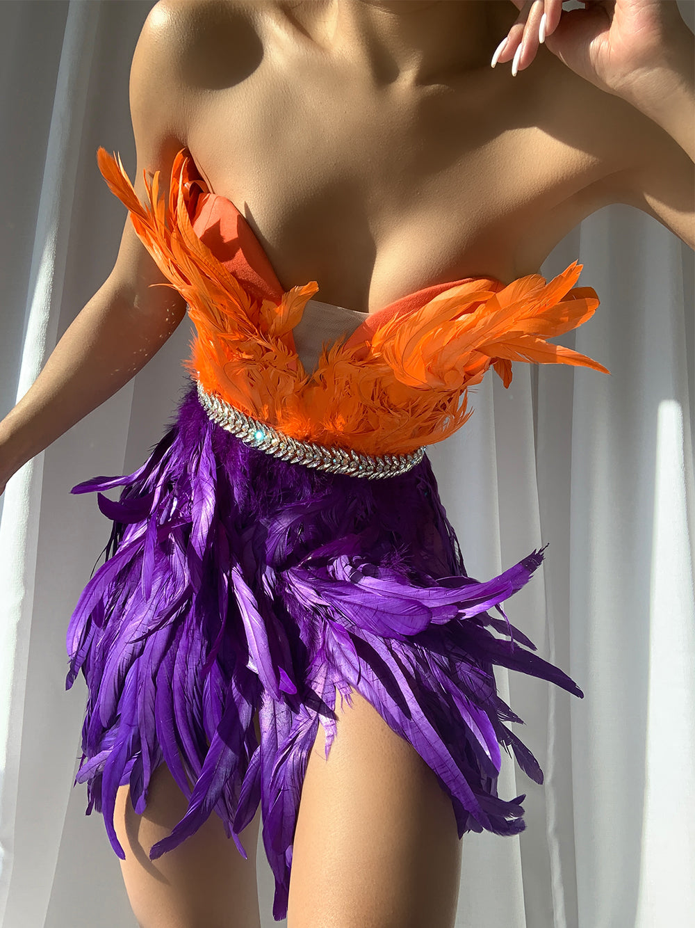 Orange Strapless Feather Trim Rhinestone Belt Bodycon Mini Dress
