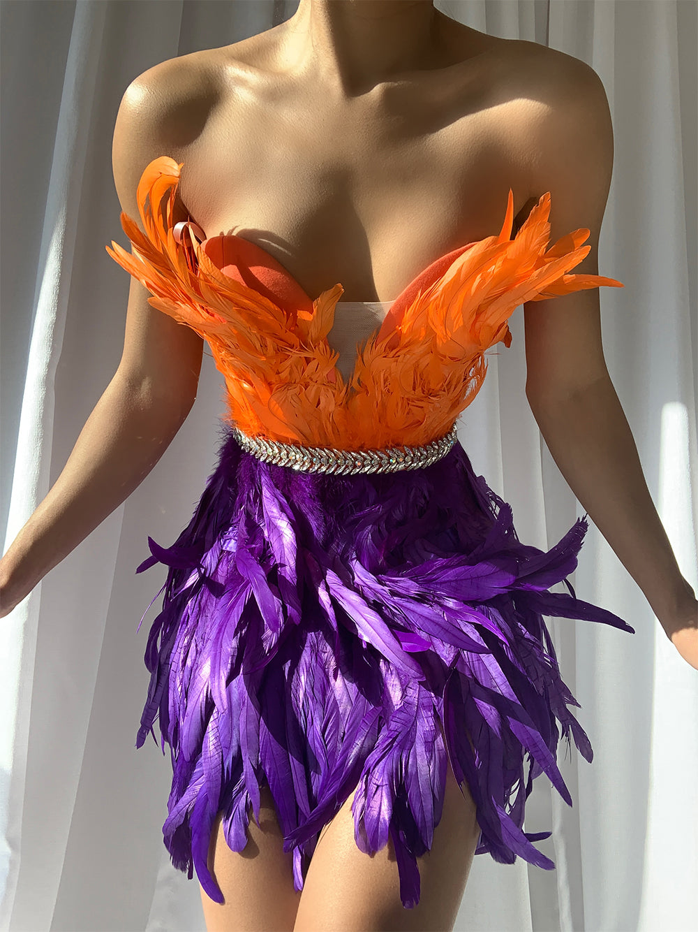 Orange Strapless Feather Trim Rhinestone Belt Bodycon Mini Dress 2