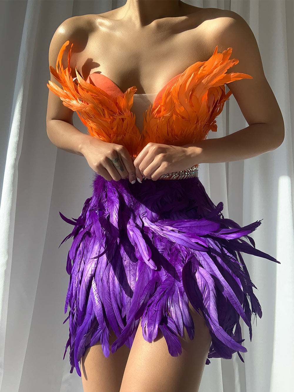 Orange Strapless Feather Trim Rhinestone Belt Bodycon Mini Dress 3