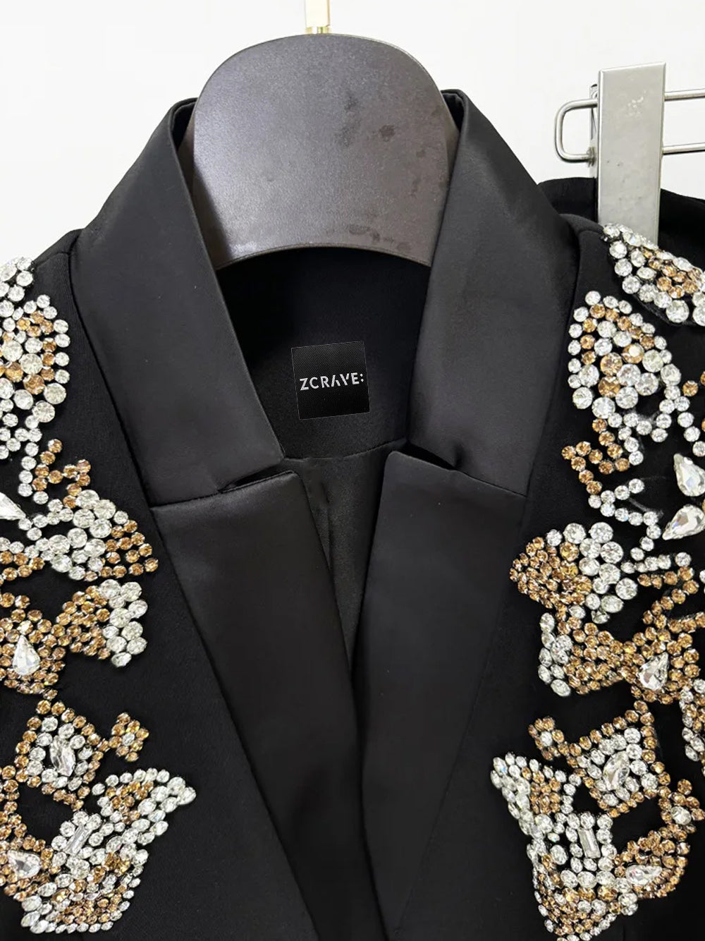 Black Embellished Floral Shoulder Blazer Slit Flared Pants Set 9