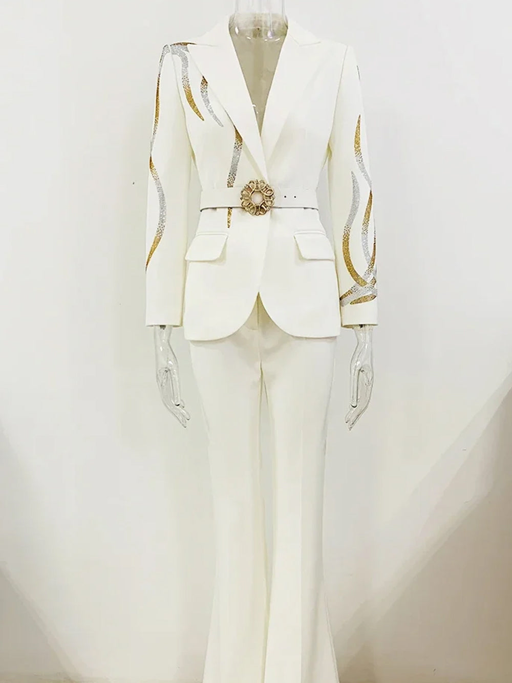 White Peak Lapel Sequin Embellished Belted Blazer Flared Pants Set 10