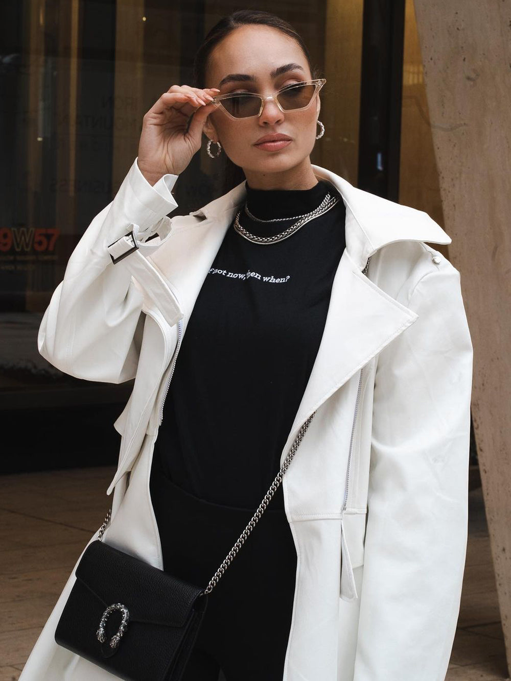 White Lapel Collar Zip Front Buckle Cuff Faux Leather Trench Coat