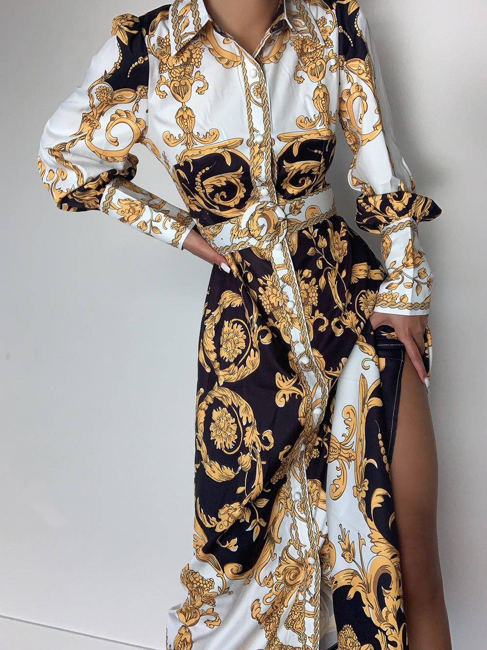 Gold Collared Baroque Print Long Sleeve High Slit Shirt Maxi Dress 3