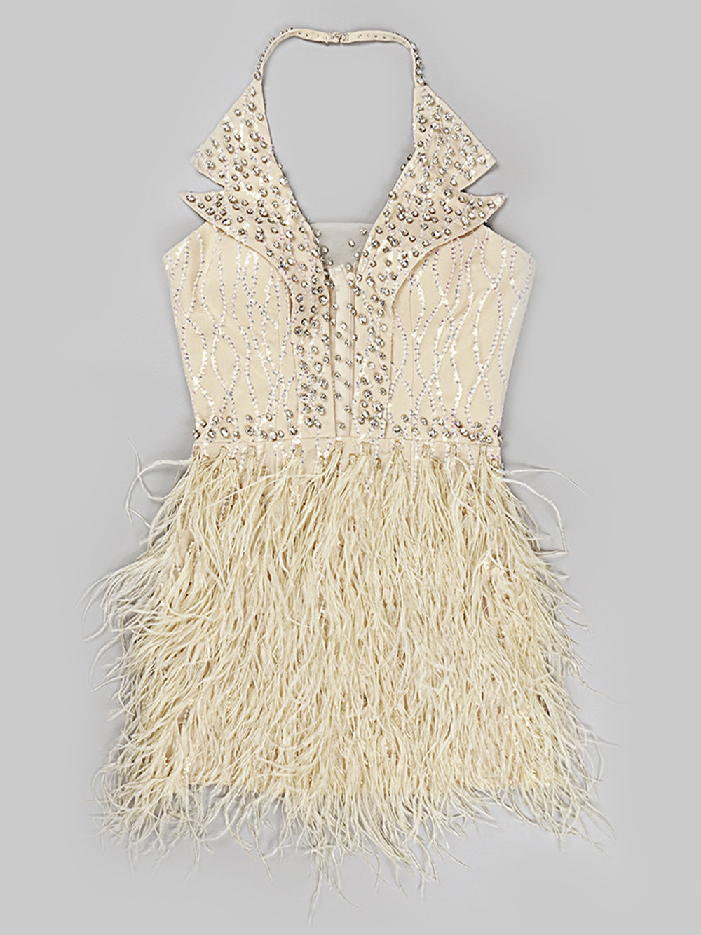 Beige Halter Neck Rhinestone Feather Skirt Bodycon Mini Dress