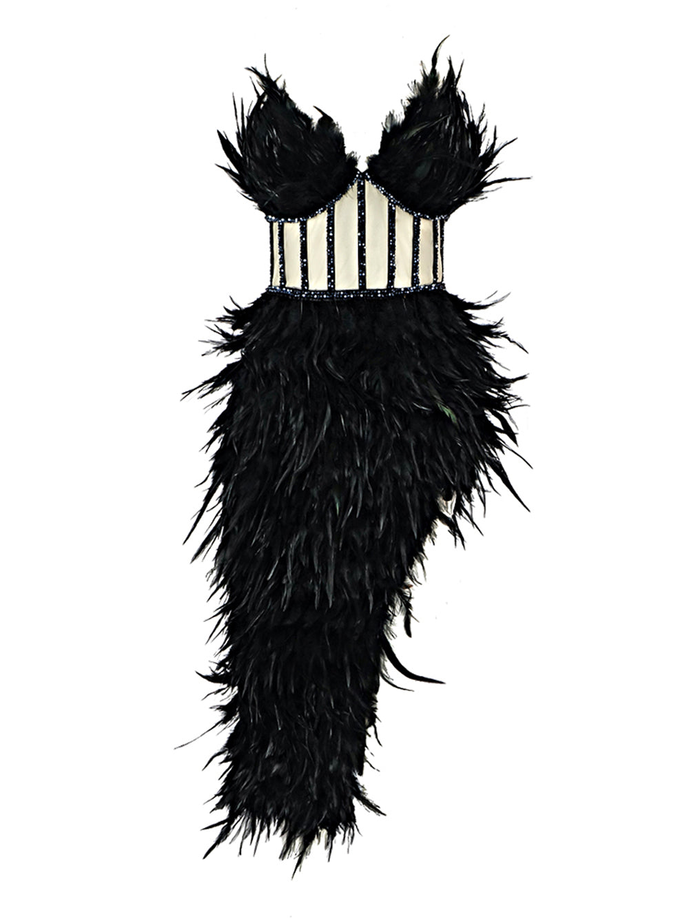 Black Strapless Feather Beaded Corset Bodycon Mini Dress